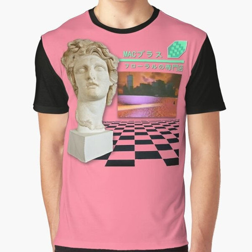Macintosh Plus vaporwave graphic design t-shirt with retro floral shoppe motif