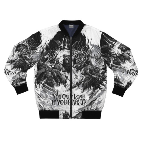 Soulsborne Bosses Bomber Jacket featuring iconic characters and designs from Dark Souls, Elden Ring, and Bloodborne