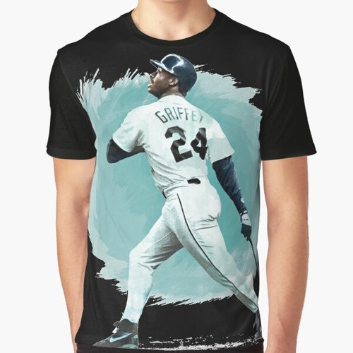 Ken Griffey Jr. wearing a Seattle Mariners jersey and swinging a baseball bat on a graphic t-shirt