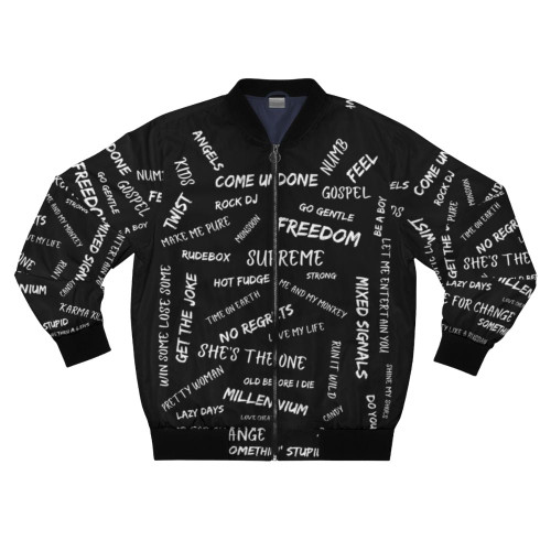 Black bomber jacket with Robbie Williams song titles printed on it