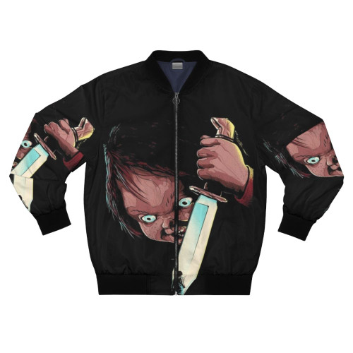 Chucky horror movie bomber jacket featuring the iconic character from the Child's Play franchise