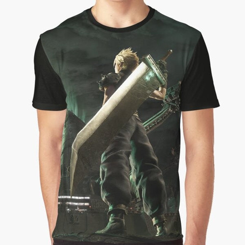 Final Fantasy VII Cloud Strife vs. ShinRa graphic t-shirt featuring the iconic characters and locations from the beloved video game.