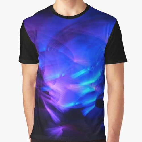 Vibrant glowstick party graphic t-shirt with swirling blue and black design