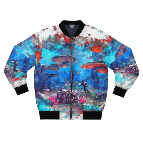 Subnautica underwater survival bomber jacket featuring ocean, submarine, and sea life graphics