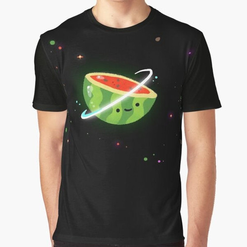 Space-themed melon graphic design on a t-shirt