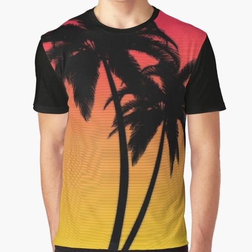 Miami Sunset Synthwave Graphic T-Shirt with retro 80s/90s synthwave, outrun, vaporwave design