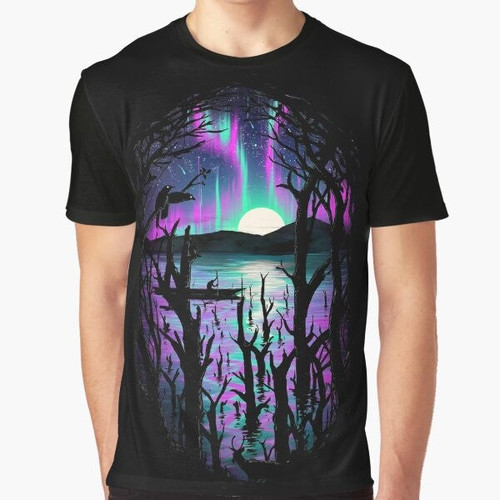 A vibrant and colorful graphic t-shirt featuring the aurora borealis and northern lights.