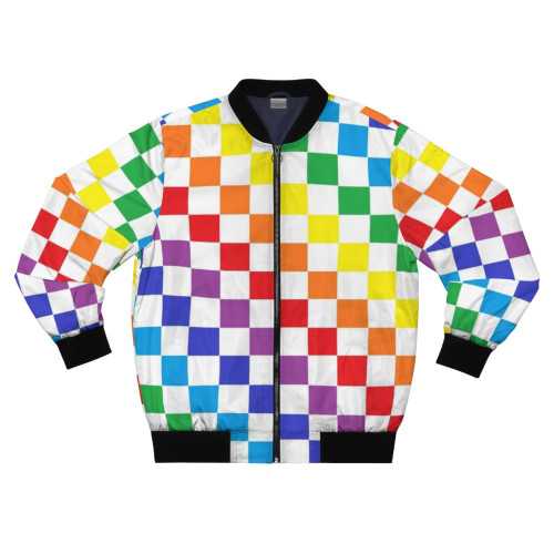 Checkered rainbow bomber jacket with a vibrant abstract design