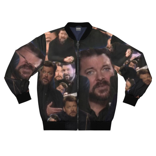 A black and white bomber jacket with a typography design featuring the name "Jonathan Frakes" and "Beyond Belief" text