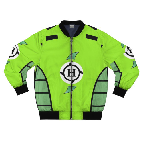 Vintage green bomber jacket with Hurricane Helms wrestling superhero logo