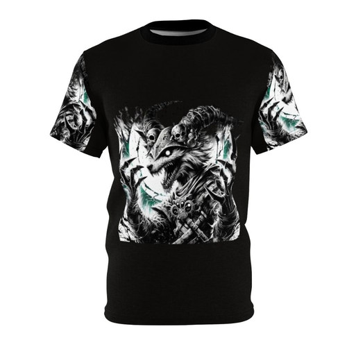 Colorful illustration of various cute furry animals, including a wolf, fox, cat, and dog, on a t-shirt.