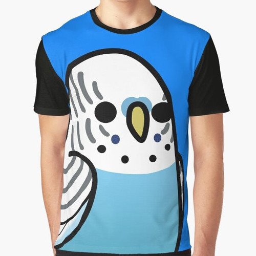 A blue budgie or parakeet graphic t-shirt with the text "Too Many Birds!"