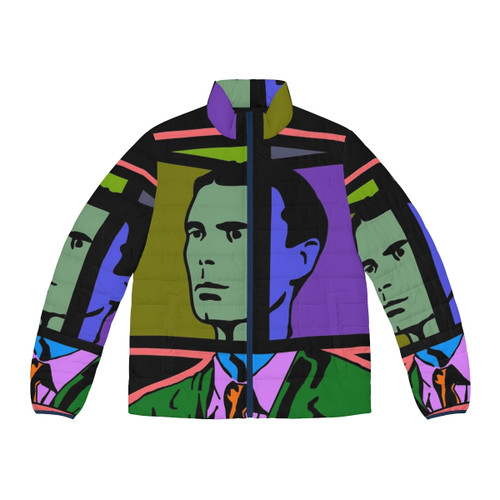 A stylish puffer jacket featuring the iconic Talking Heads "Road to Nowhere" design