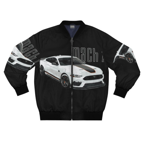 A bomber jacket featuring the iconic Mach 1 Ford Mustang GT 5.0L V8 design.