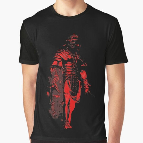 Ancient Roman Legionary Warrior Wearing Armor on Graphic T-Shirt