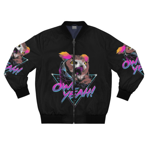 Radiant owl-printed bomber jacket in a 1980s synthwave style