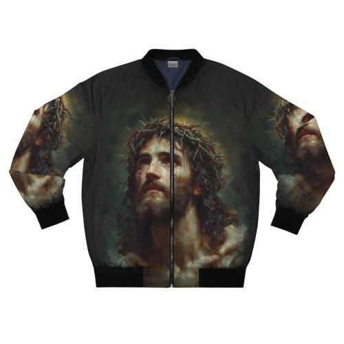 A bomber jacket featuring a beautiful image of Jesus Christ suffering on the cross, with a Christian message.