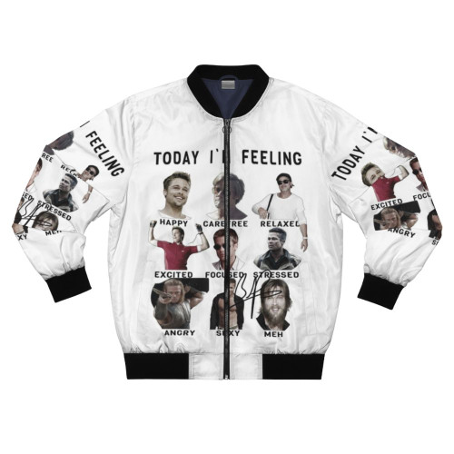 Brad Pitt wearing a bomber jacket with "Today I'm Feeling" graphic