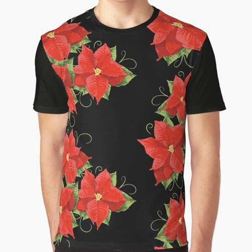 Colorful graphic illustration of a poinsettia, a popular Christmas flower, on a t-shirt design.