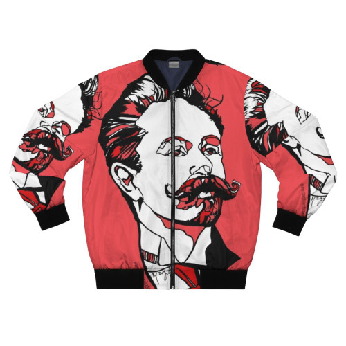Alexander Scriabin, a Russian composer and pianist, wearing a bomber jacket with his portrait.
