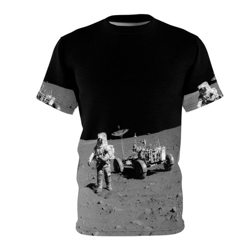 Cosmic Exploration Graphic Tee featuring a moon surface design and nebula artwork