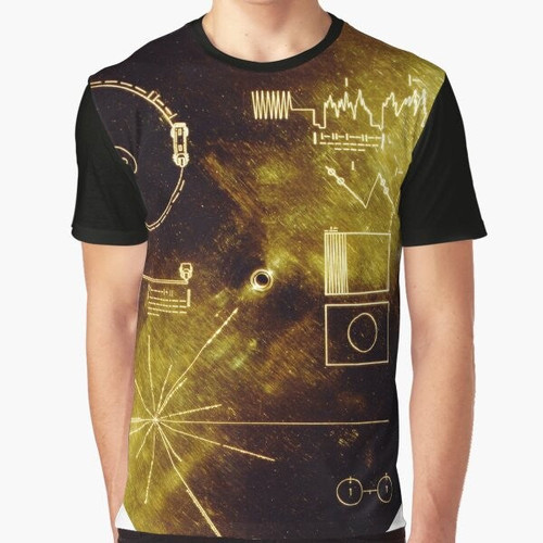A graphic t-shirt featuring the Voyager Golden Record, a symbol of NASA's interstellar space exploration.