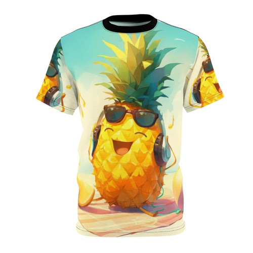 Pineapple-shaped graphic with headphones, listening to music against a summer background