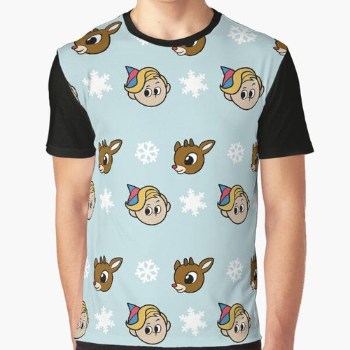 A graphic t-shirt featuring Rudolph the Red-Nosed Reindeer and the characters from the classic Christmas special.