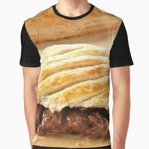 Greggs Steak Bake Graphic T-Shirt with a humorous design featuring the popular British pastry