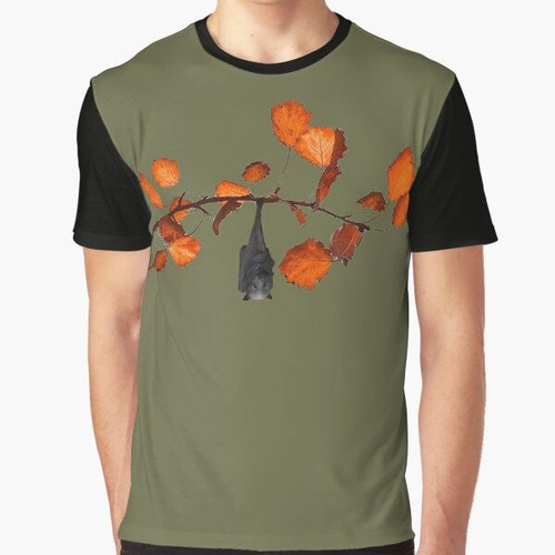 A cute and happy batzilla character hanging from a moss green tree branch with leaves in the fall.