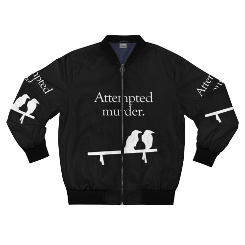 Attempted Murder (White Design) Bomber Jacket featuring a graphic design by Jez Kemp