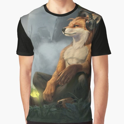 Relaxing graphic t-shirt featuring an anthropomorphic fox or canine character
