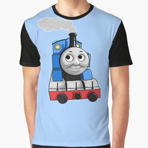 Illustration of Thomas the Train, a popular children's locomotive character, printed on a white t-shirt.