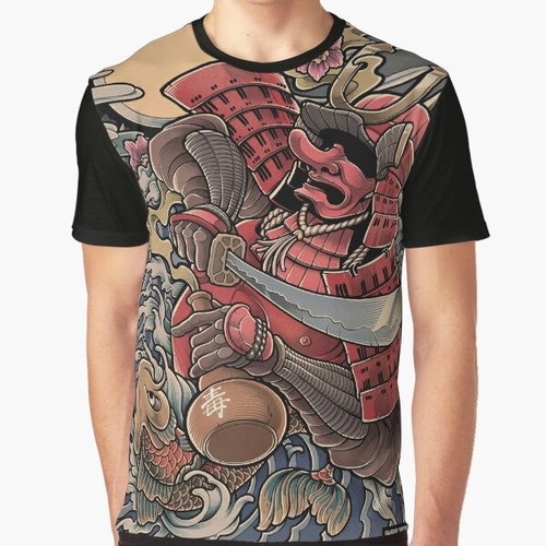 A graphic t-shirt design featuring a drunken samurai with traditional Japanese tattoo elements like oni, hannya, and koi.