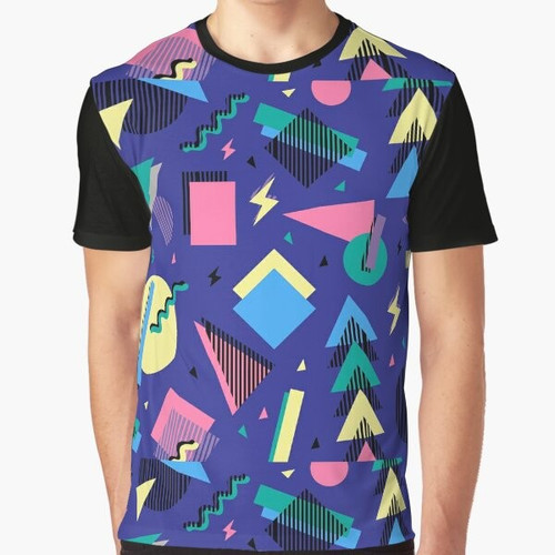 Retro 90s geometric graphic design with abstract shapes, shadows, and lines on a t-shirt