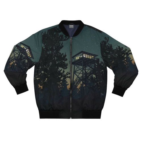 Firewatch-inspired minimalistic landscape design with mountains, forest, and sunset on a 4K bomber jacket