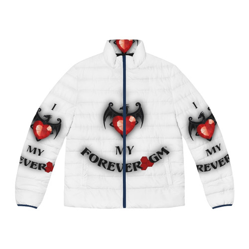 Puffer jacket with "I Intend to Switch" text for plural and transgender pride