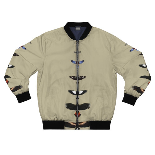 Bomber jacket featuring illustrations of Australian native birds including wedge-tailed eagle, rosella, fairy-wren, magpie, and kookaburra.