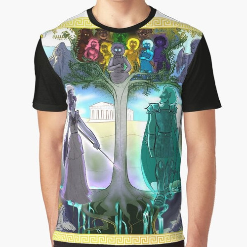 Athena's Tapestry graphic t-shirt with a Greek mythology-inspired design