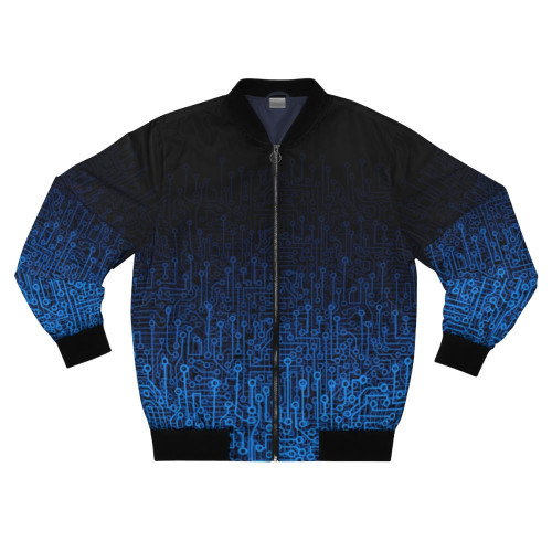 A blue bomber jacket with a computer circuit board pattern, showcasing a futuristic and technological design.