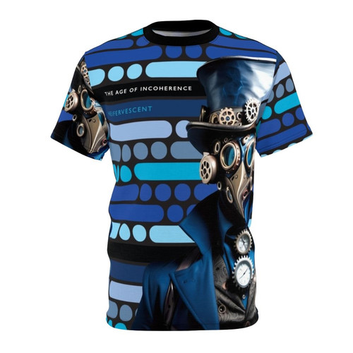 Unique AOP t-shirt featuring an 'Incoherence' design in blue and morse code patterns, ideal for steampunk and indie music enthusiasts.
