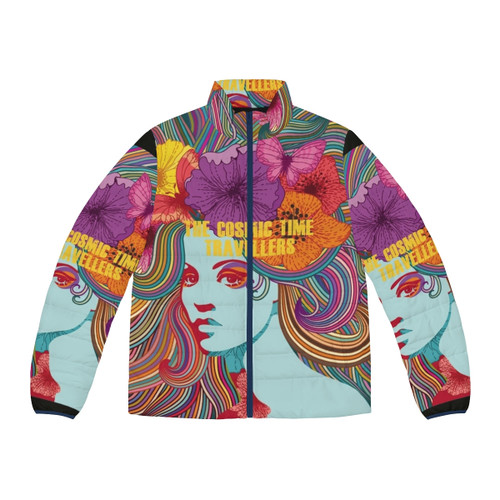 Cosmic puffer jacket with futuristic space-themed design