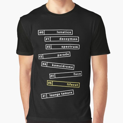 The Silver Case Graphic T-Shirt featuring characters and designs from the anime and video game series