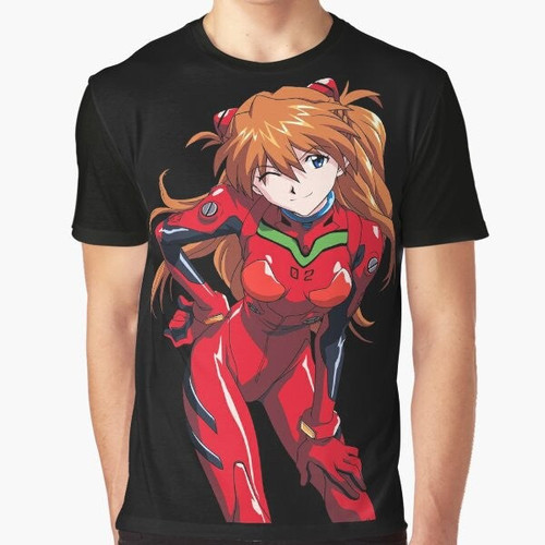 Asuka Langley Soryu, the fiery and passionate character from the Neon Genesis Evangelion anime, featured on a stylish graphic t-shirt.