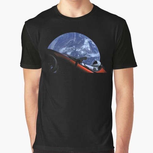 Starman in Tesla Roadster floating in space graphic design for t-shirt