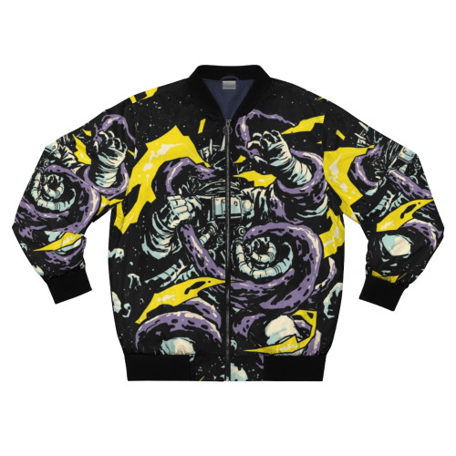 Vibrant space-themed bomber jacket with astronaut, tentacles, and sci-fi elements