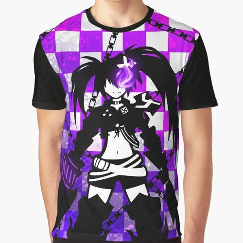 Black Rock Shooter anime character graphic tee featuring insane design with purple, checkerboard, and flames
