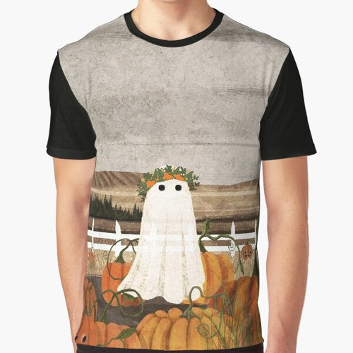Vintage-style graphic t-shirt featuring a ghost in an autumn pumpkin patch