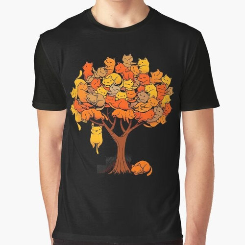 Graphic T-shirt featuring a playful cat climbing a stylized tree design.