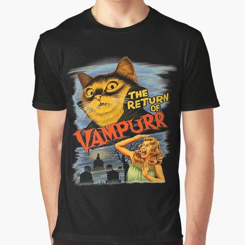 Classic graphic t-shirt design featuring a cat vampire, the "Return of Vampurr"